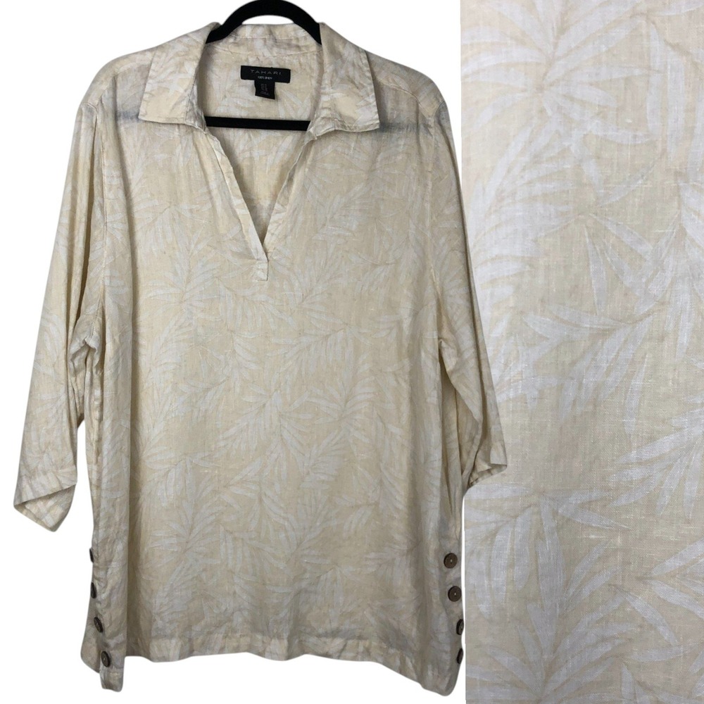 Tahari Womens Linen Collared Button Side Popover Top Size 1X Tropical Lagenlook